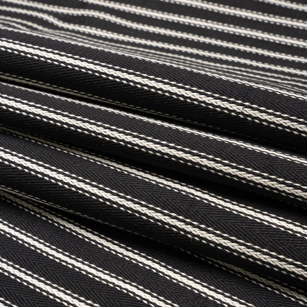 White on Black Ticking Stripes Cotton Herringbone Twill Folded
