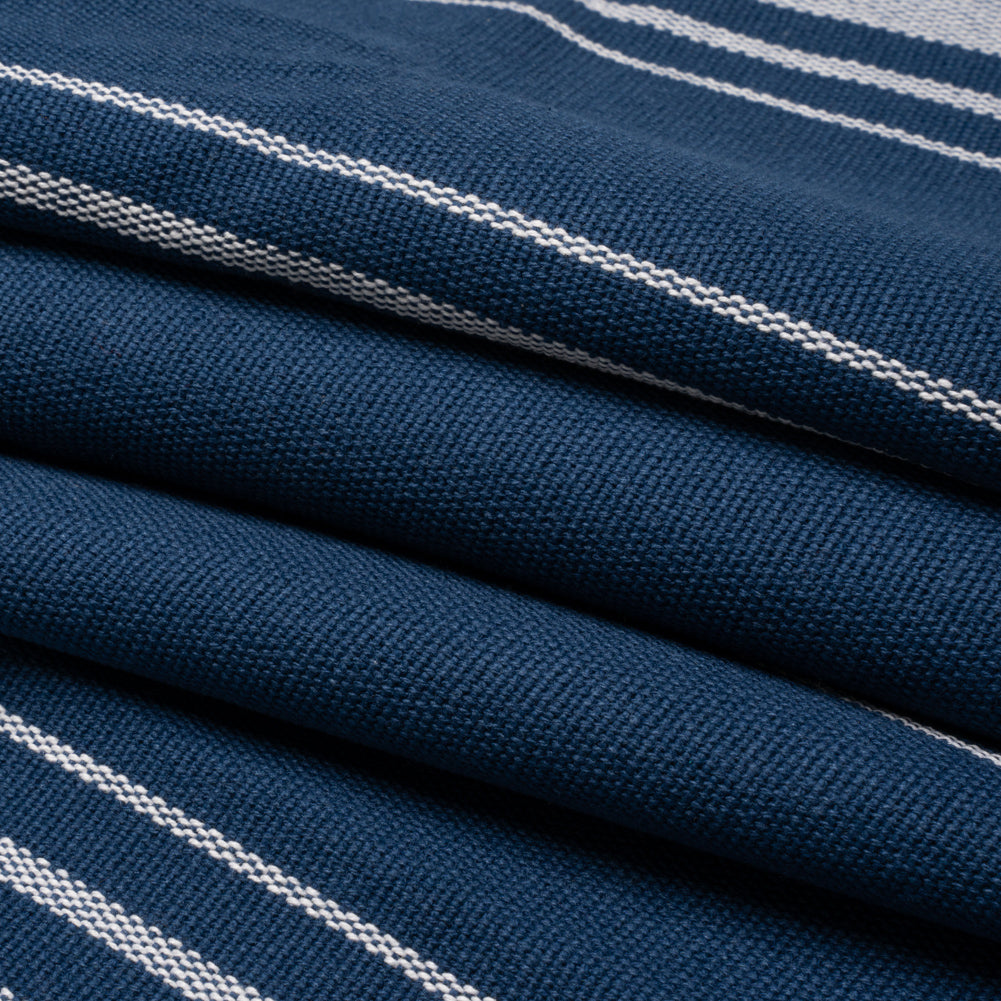 White on Navy Striped Basketweave Cotton Canvas Folded