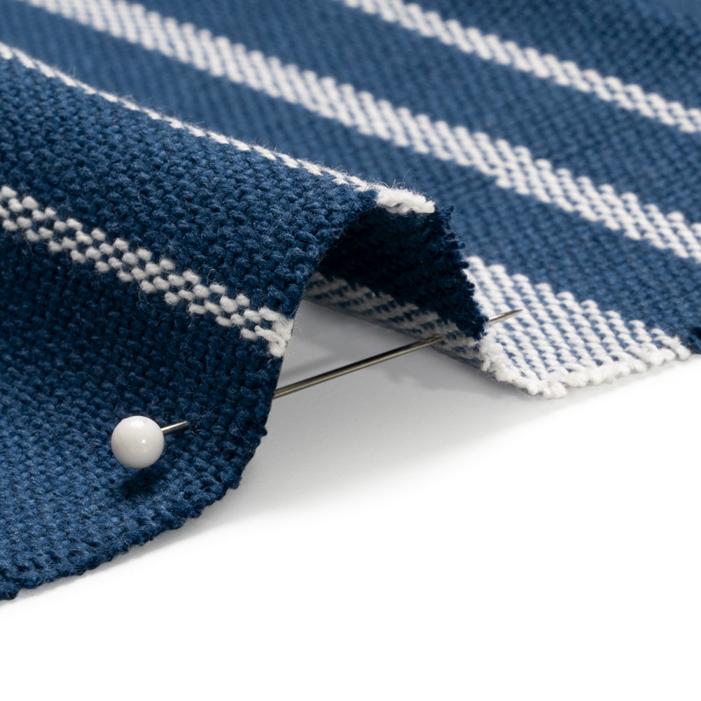 White on Navy Striped Basketweave Cotton Canvas Detail