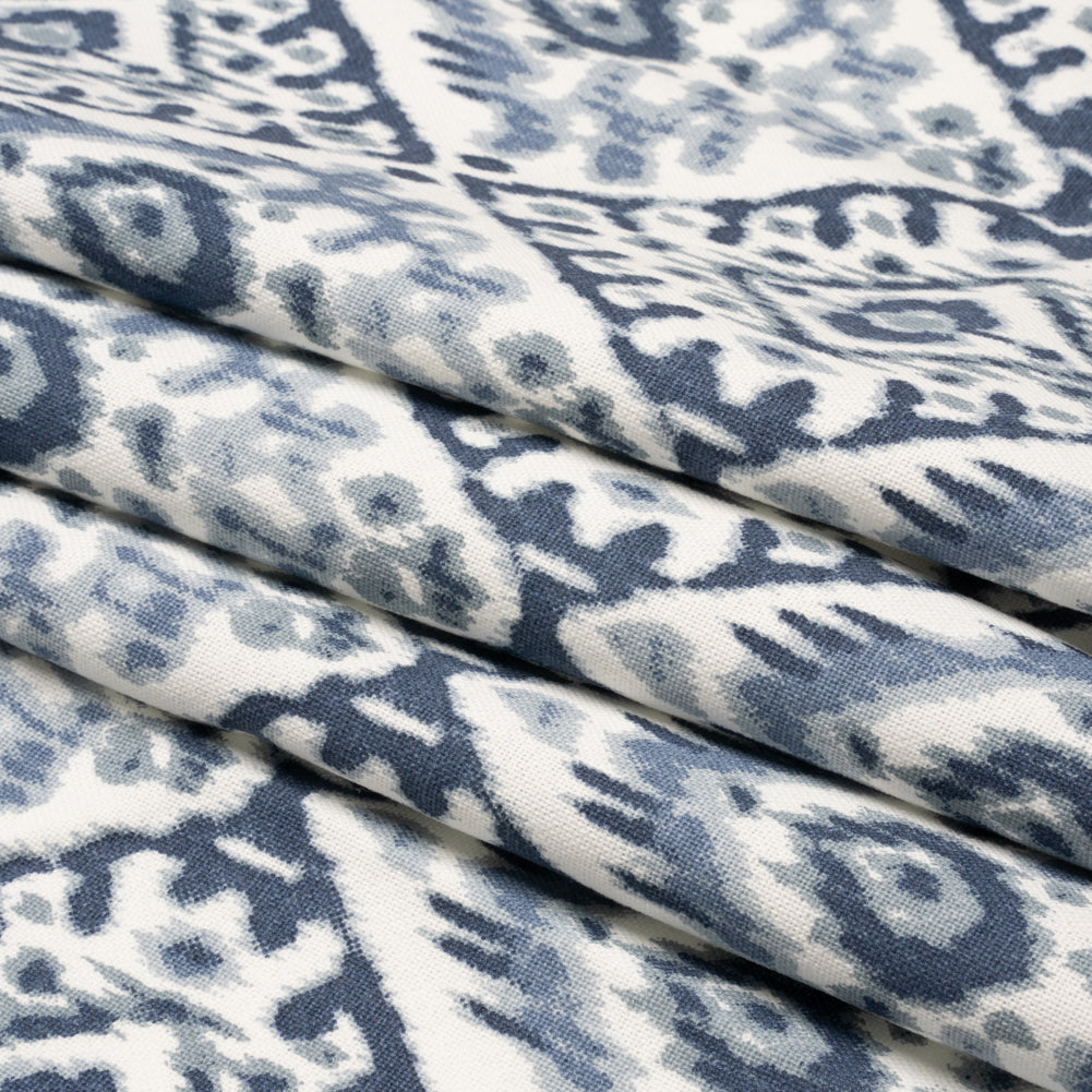 Muted Blue, Navy and White Decorative Ikat Diamonds Cotton Canvas Folded