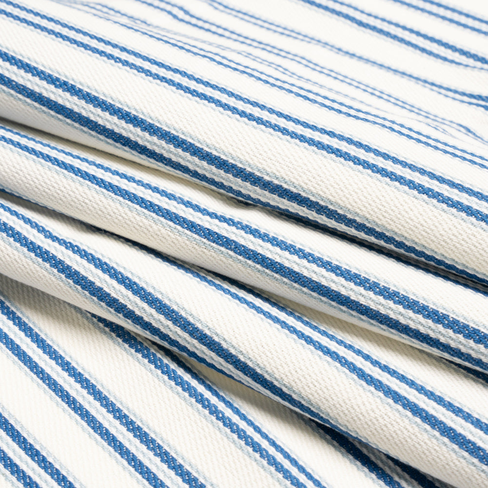 White, Summer Blue and Sky Blue Modern Ticking Stripes Cotton Twill Folded