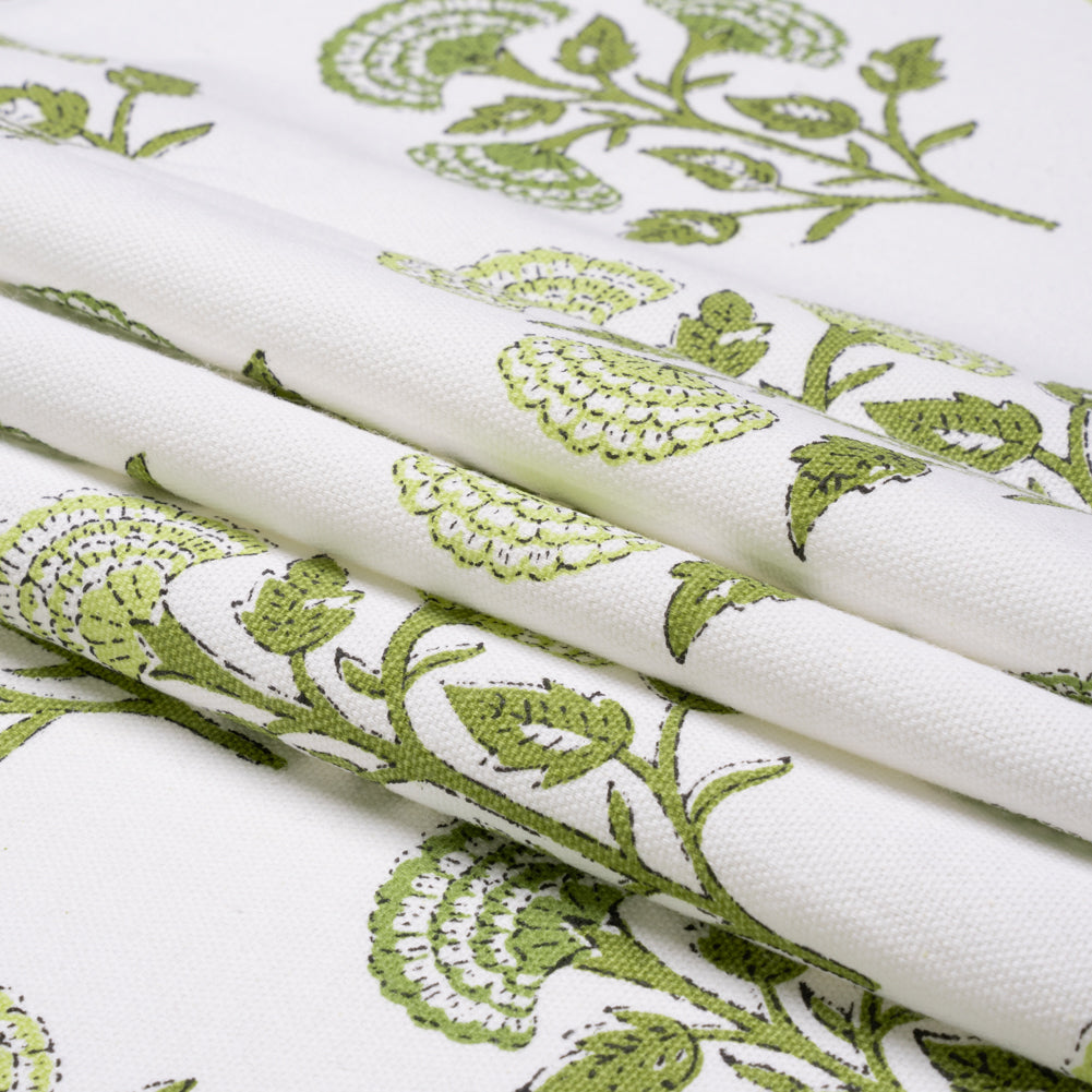 Green and White Classic Floral Printed Cotton Canvas Folded