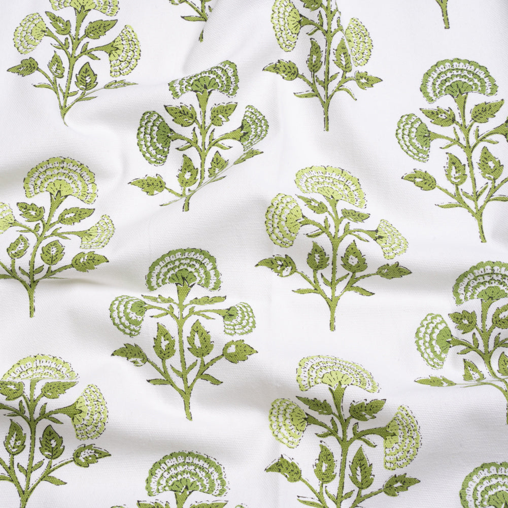 Green and White Classic Floral Printed Cotton Canvas
