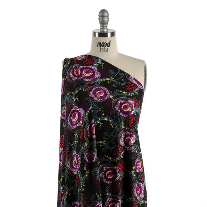 Black, Purple and Turquoise Roses and Flowing Vines Silk Jersey Detail