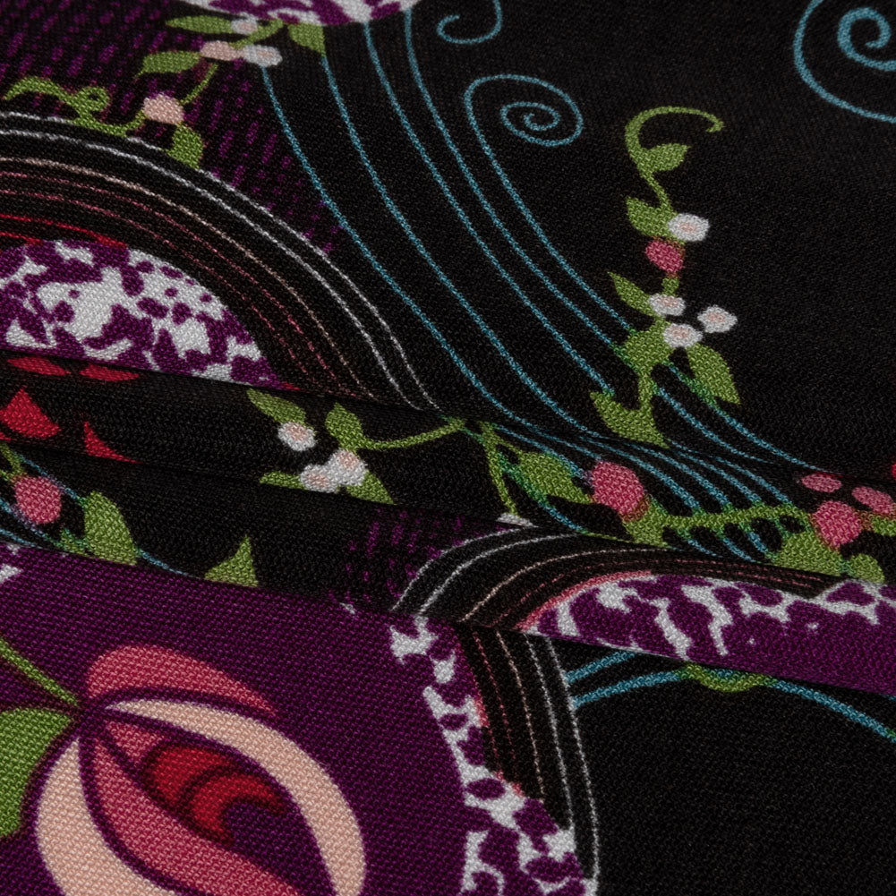 Black, Purple and Turquoise Roses and Flowing Vines Silk Jersey Full