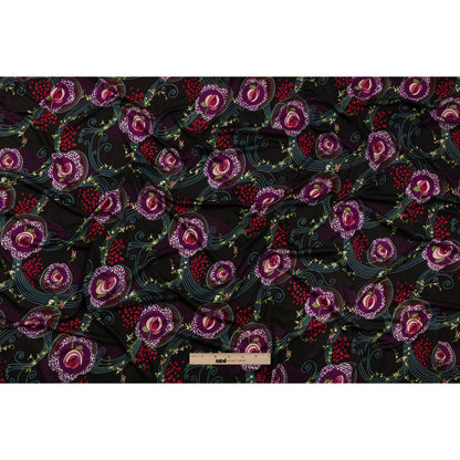 Black, Purple and Turquoise Roses and Flowing Vines Silk Jersey Drape