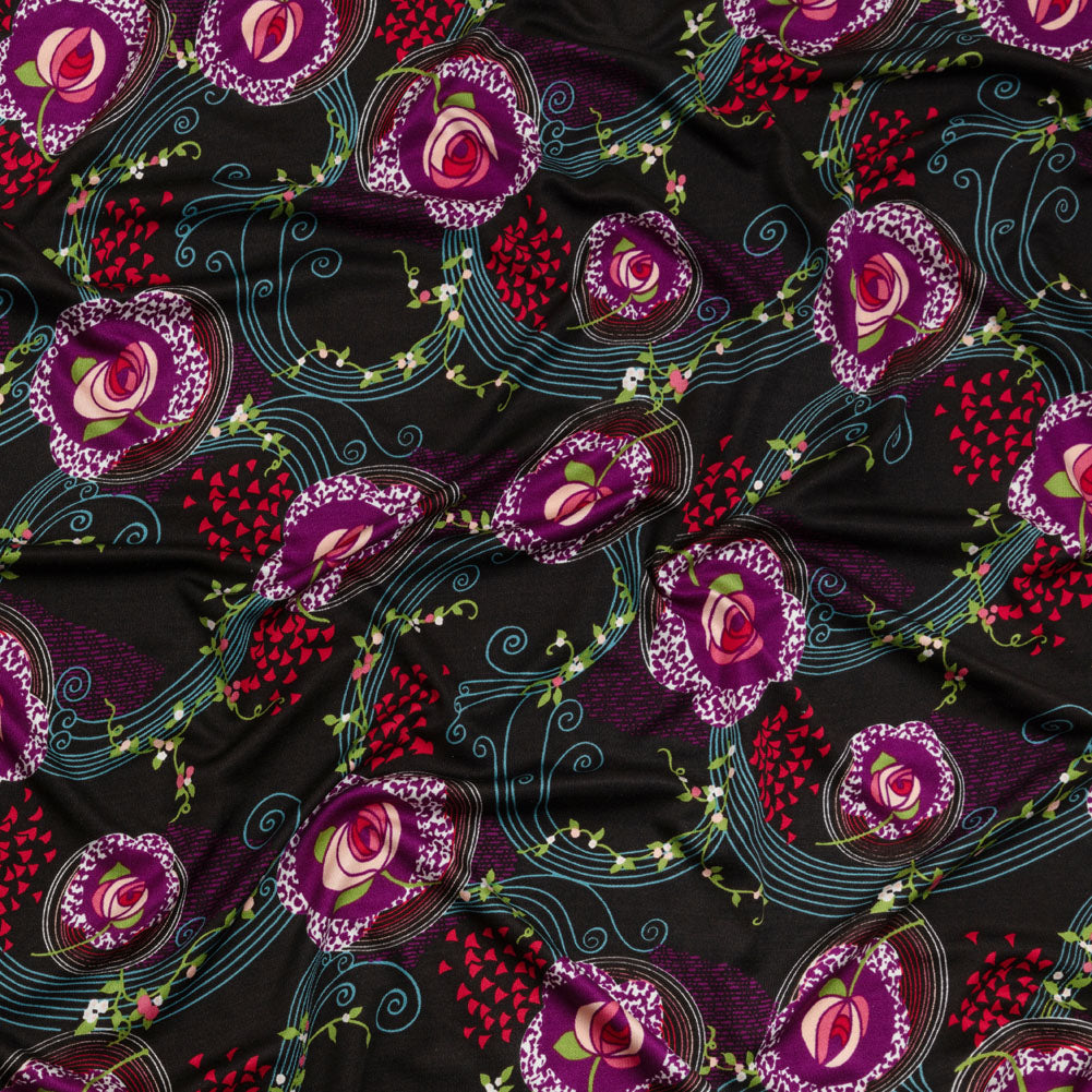 Black, Purple and Turquoise Roses and Flowing Vines Silk Jersey