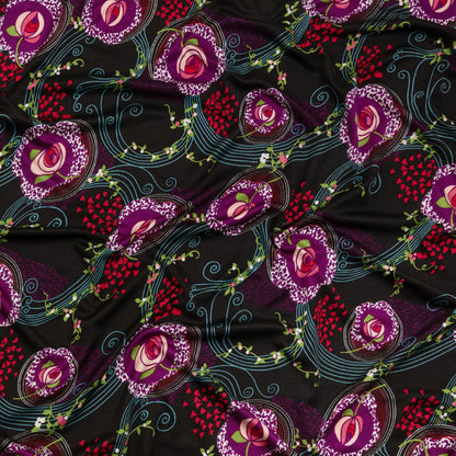 Black, Purple and Turquoise Roses and Flowing Vines Silk Jersey