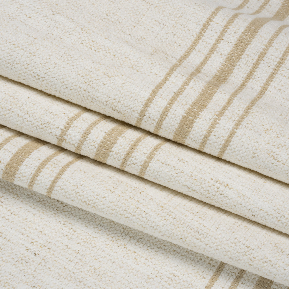 Crypton Sand on White Striped Stain Resistant Polyester and Linen Chenille Upholstery Woven Folded