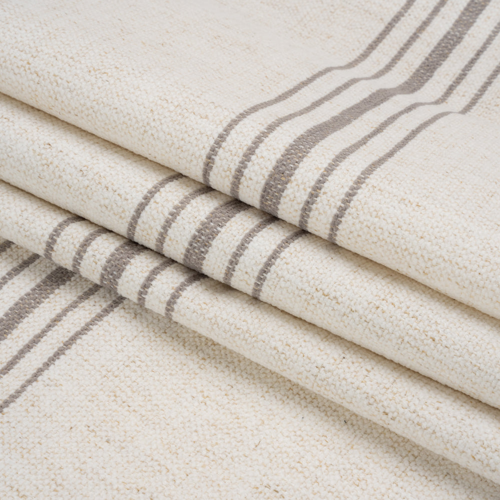 Crypton Stone on White Striped Stain Resistant Polyester and Linen Chenille Upholstery Woven Folded