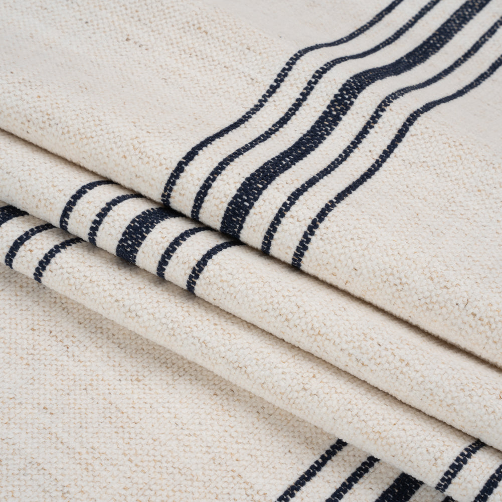Crypton Indigo on White Striped Stain Resistant Polyester and Linen Chenille Upholstery Woven Folded