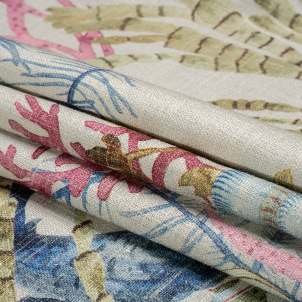 Flax, Pink and Blue Reef Exploration Slubbed Cotton Woven Folded