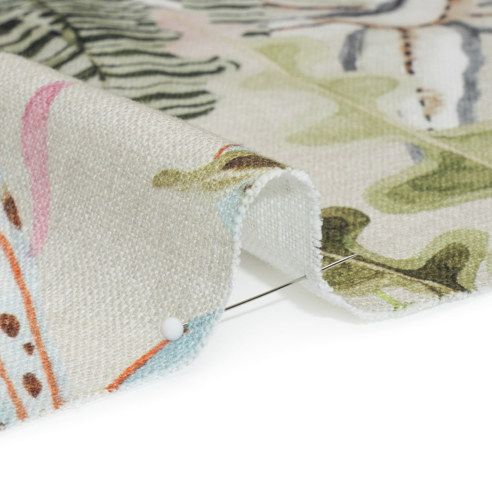 Green, Pastel Pink and Sky Blue Water Plants Slubbed Cotton Woven Detail
