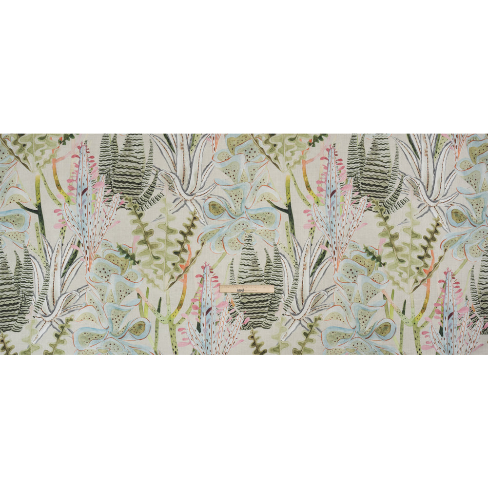 Green, Pastel Pink and Sky Blue Water Plants Slubbed Cotton Woven Full