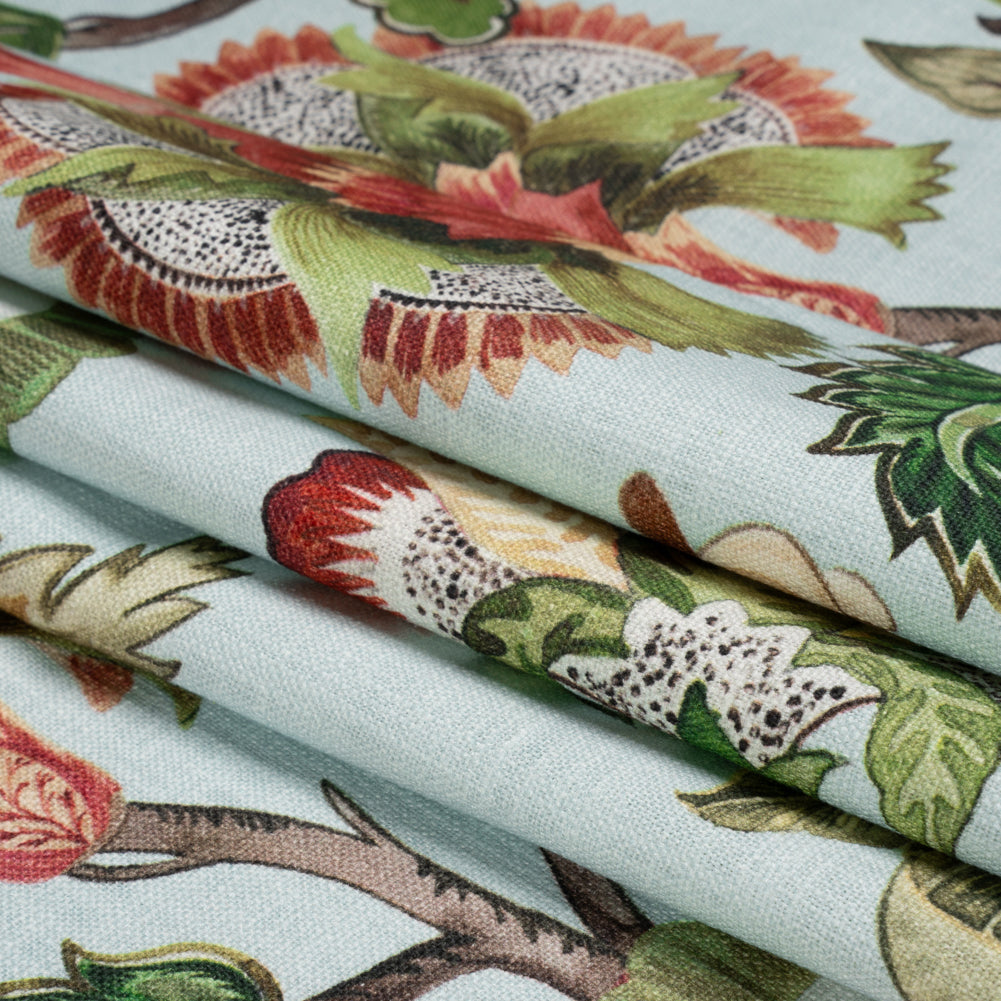Mist, Pink and Green Blooming Trees Slubbed Cotton Woven Folded