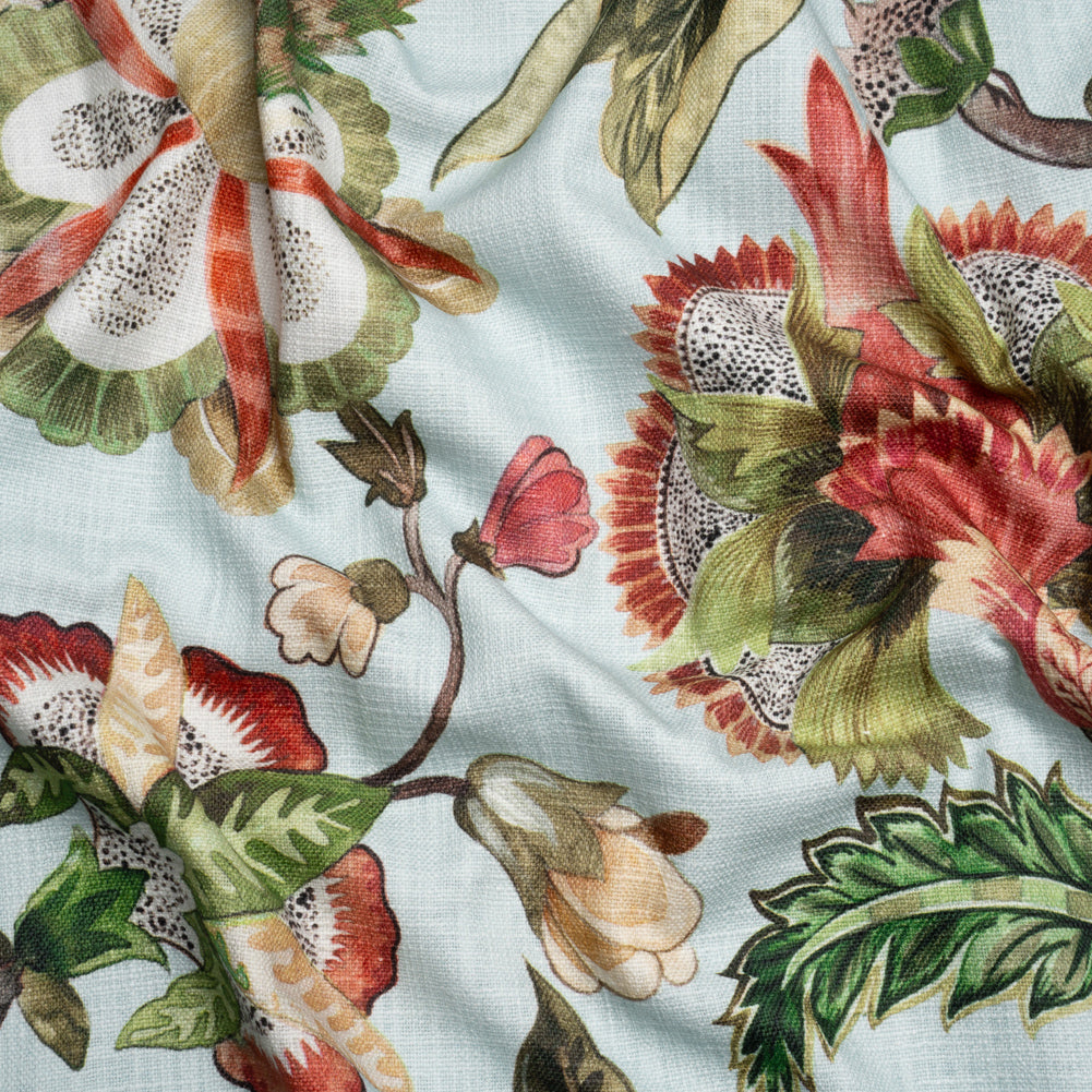 Mist, Pink and Green Blooming Trees Slubbed Cotton Woven