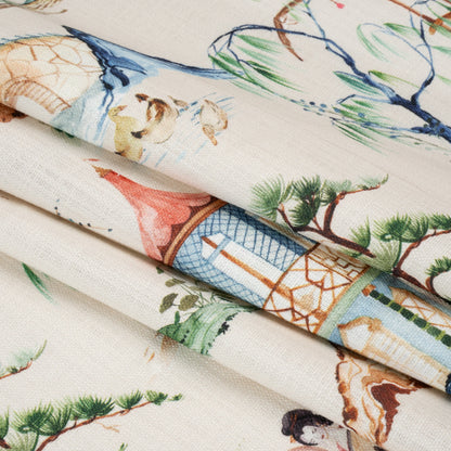 Blue, Green and Flax Japanese Gardens Slubbed Cotton Woven Folded