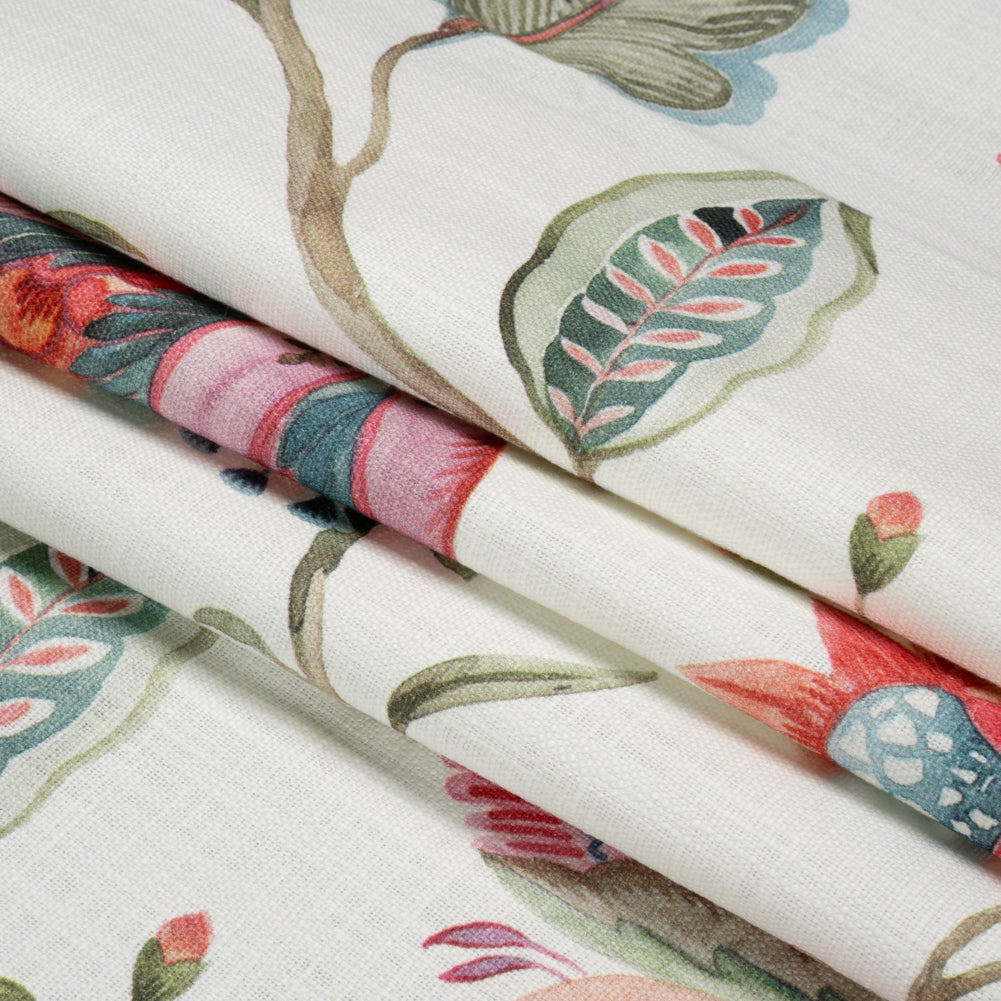 Berry, White and Teal Floral Slubbed Cotton Woven Folded