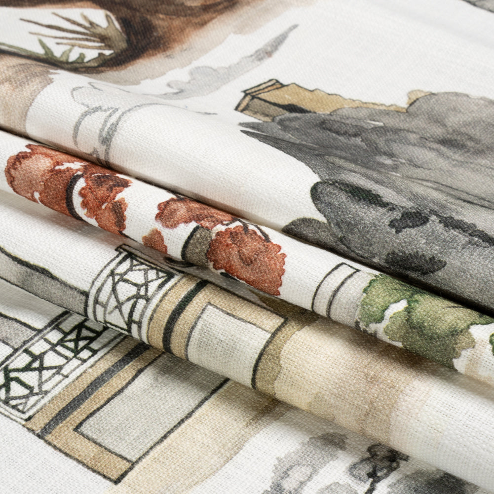 Gray, Rust and Green Pagodas and Mountains Slubbed Cotton Woven Folded