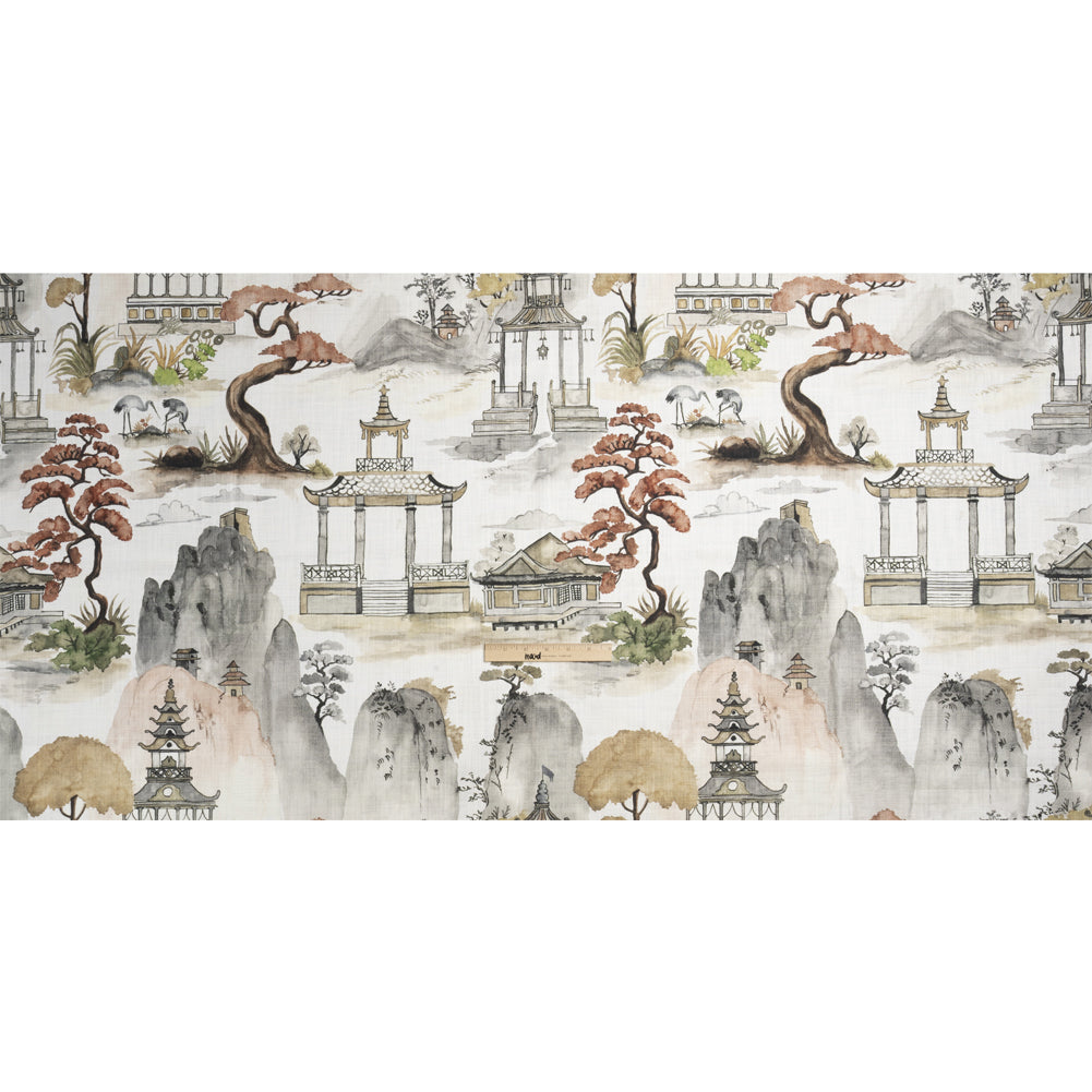 Gray, Rust and Green Pagodas and Mountains Slubbed Cotton Woven Full