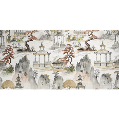Gray, Rust and Green Pagodas and Mountains Slubbed Cotton Woven Full