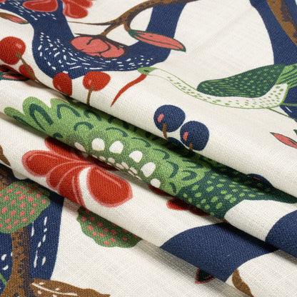 Pink, Blue and Green Birds, Blooms and Berries Slubbed Cotton Woven Folded