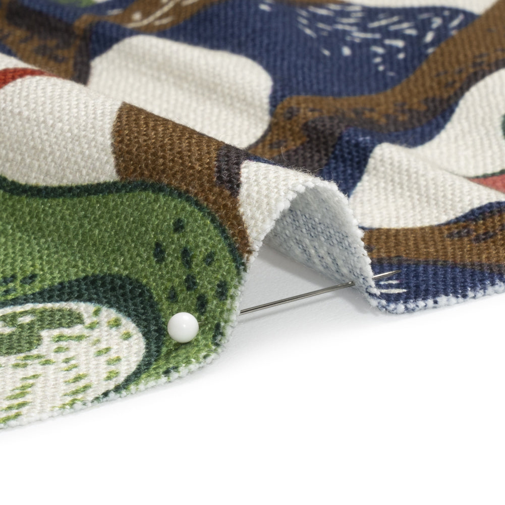 Pink, Blue and Green Birds, Blooms and Berries Slubbed Cotton Woven Detail