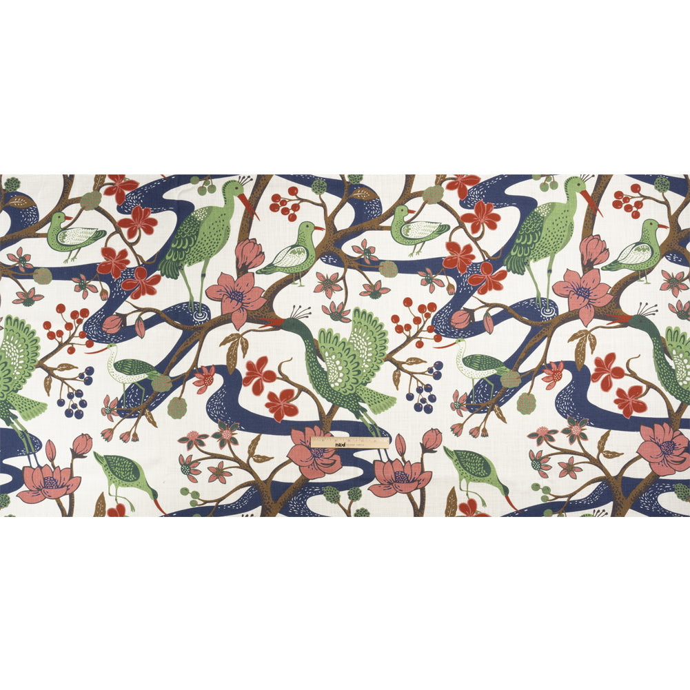 Pink, Blue and Green Birds, Blooms and Berries Slubbed Cotton Woven Full