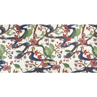 Pink, Blue and Green Birds, Blooms and Berries Slubbed Cotton Woven Full