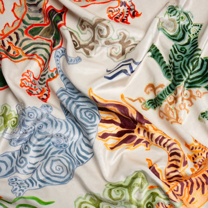 Orange, Red and Green Tigers and Dragons Polyester Velvet