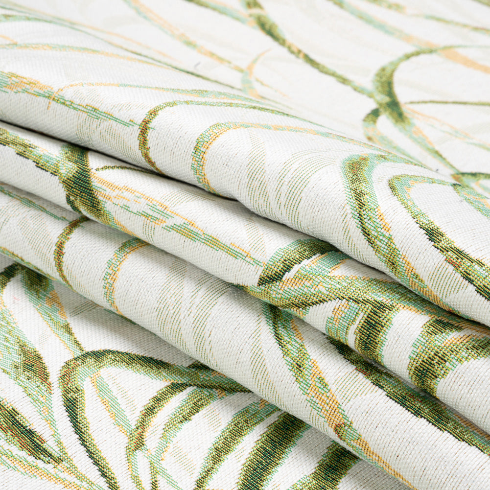 Ivory and Green Palm Fronds Polyester Jacquard Folded