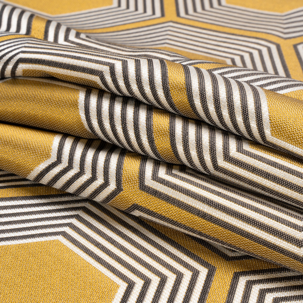 Gold, Charcoal and Gray Reverberating Hexagons Polyester Jacquard Folded