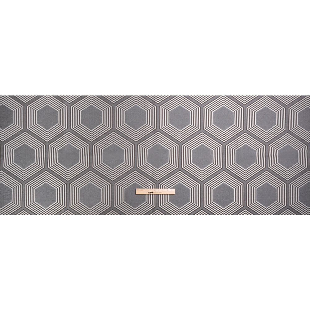 Silver, Charcoal and Gray Reverberating Hexagons Polyester Jacquard Full