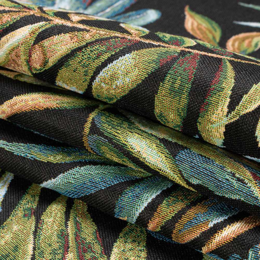 Black and Green Tropical Leaves Polyester and Cotton Jacquard Folded