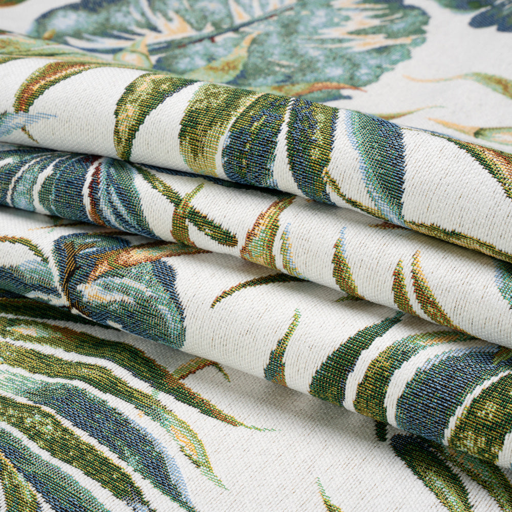 White and Green Tropical Leaves Polyester and Cotton Jacquard Folded