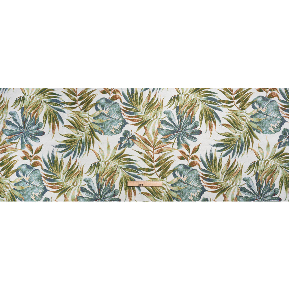 White and Green Tropical Leaves Polyester and Cotton Jacquard Full
