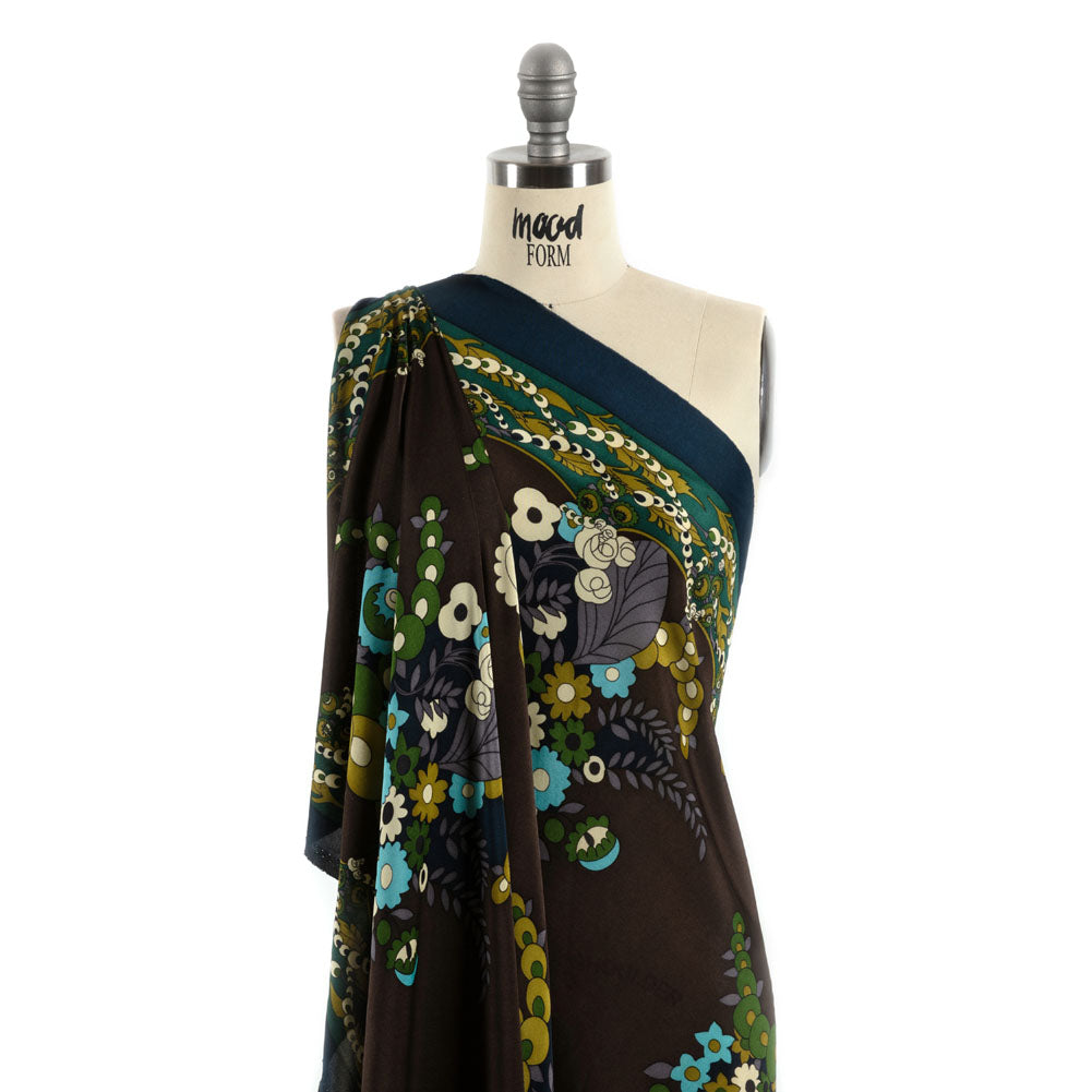 Blue, Brown and Green Floral Silk Jersey Panel Detail