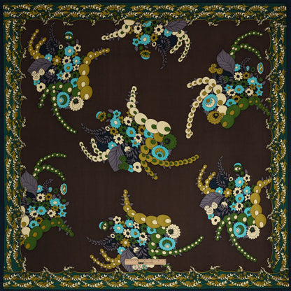 Blue, Brown and Green Floral Silk Jersey Panel Drape