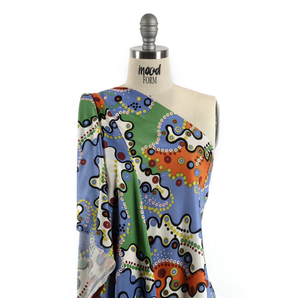 Country Blue, Orange and Sage Amoeba Medley Abstract Silk Jersey Detail