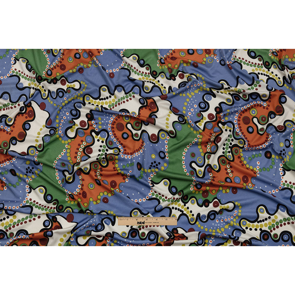 Country Blue, Orange and Sage Amoeba Medley Abstract Silk Jersey Drape