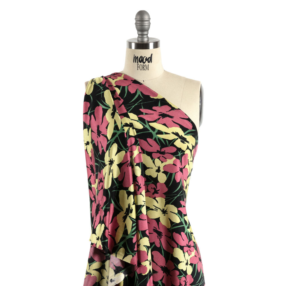 Black, Dark Rose and Yellow Floral Silk Jersey Detail