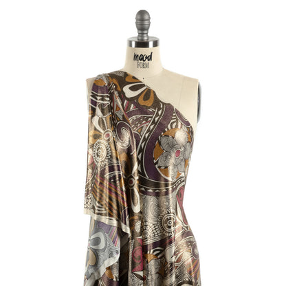 Purple, Fuchsia and Goldenrod Retro Floral SIlk Jersey with Gold Foil Detail