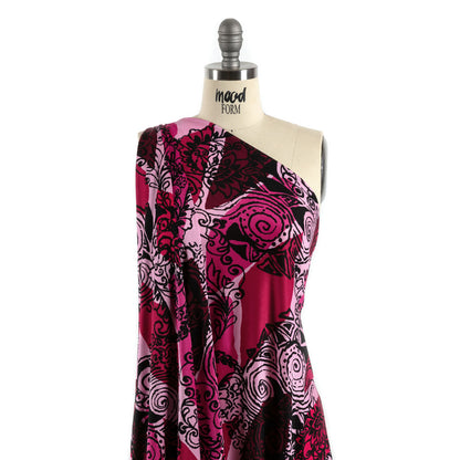 Bubblegum, Fuchsia and Wine Diamonds and Floral Outlines Silk Jersey Detail
