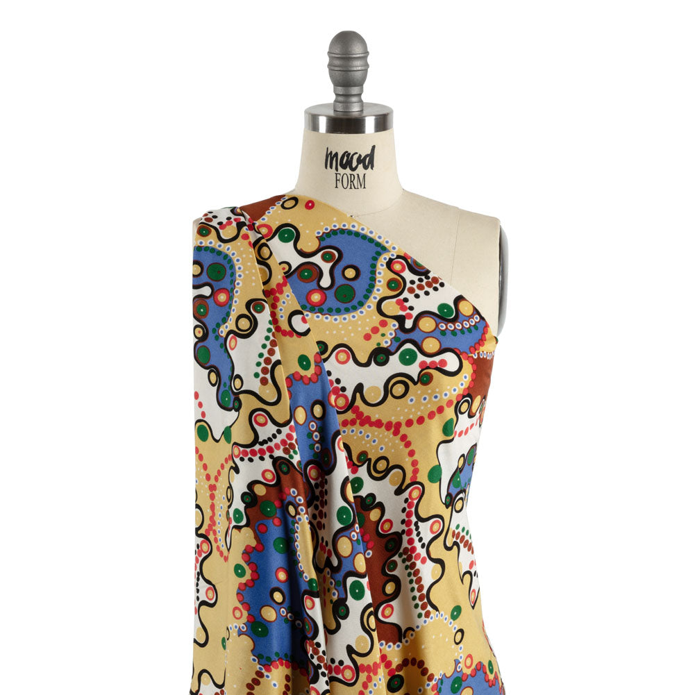 Blue, Tan and Brown Amoeba Medley Abstract Silk Jersey Detail