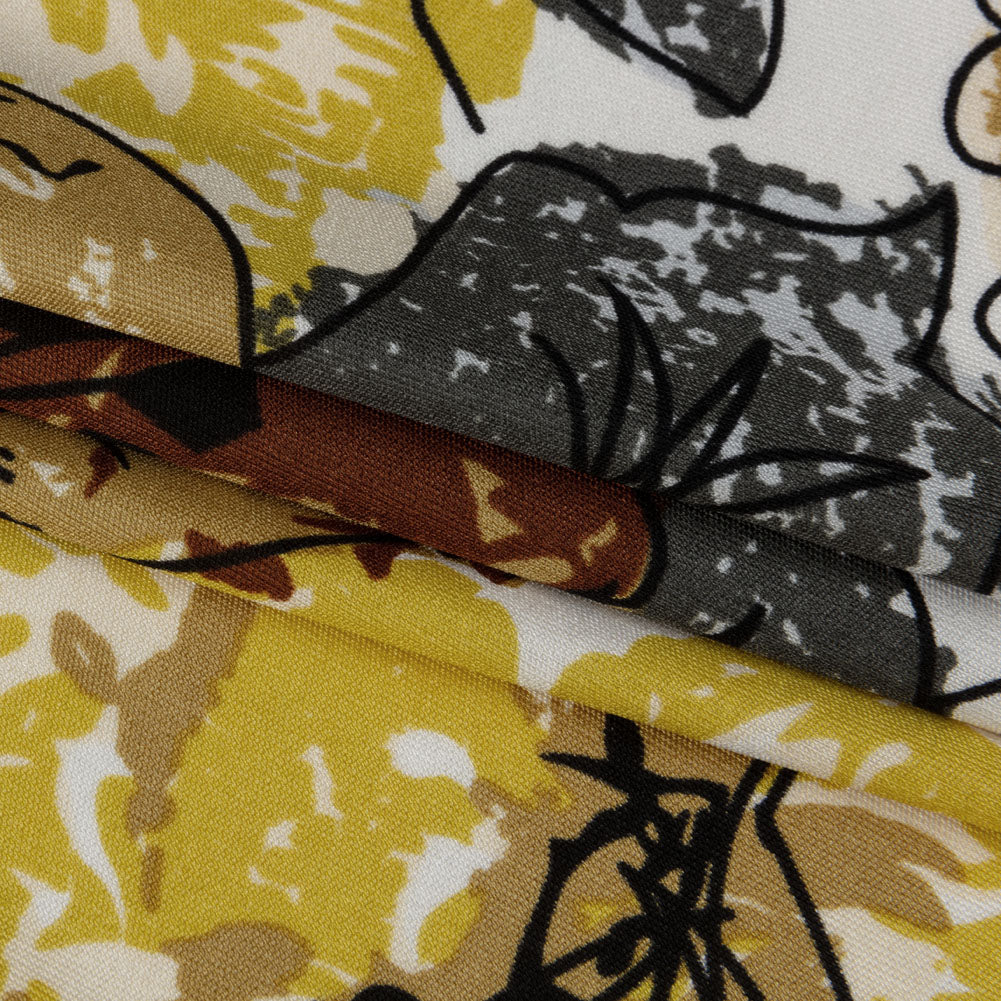 Yellow, Gold and Gray Loose Flowers and Leaves Silk Jersey Full