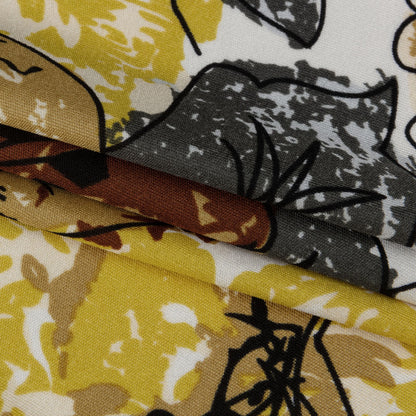 Yellow, Gold and Gray Loose Flowers and Leaves Silk Jersey Full