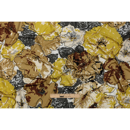 Yellow, Gold and Gray Loose Flowers and Leaves Silk Jersey Drape