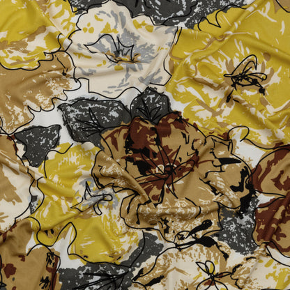 Yellow, Gold and Gray Loose Flowers and Leaves Silk Jersey