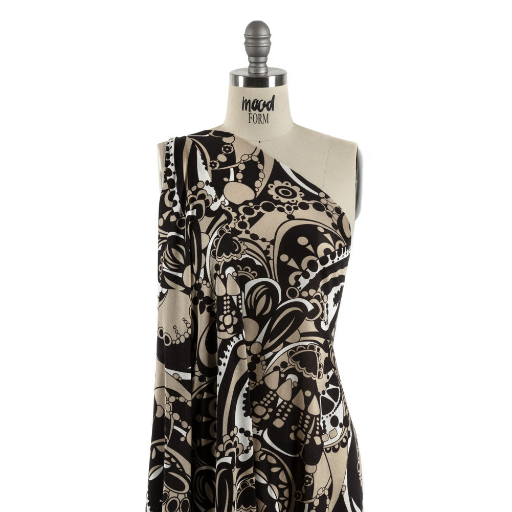 Chocolate, Tan and Whisper White Retro Flowers and Circles Silk Jersey Detail
