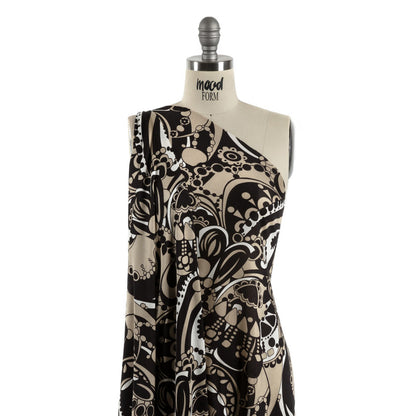 Chocolate, Tan and Whisper White Retro Flowers and Circles Silk Jersey Detail